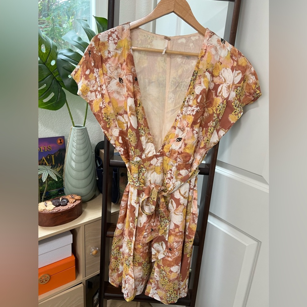 Free People Floral V-Neck Dress in Orange and Cream